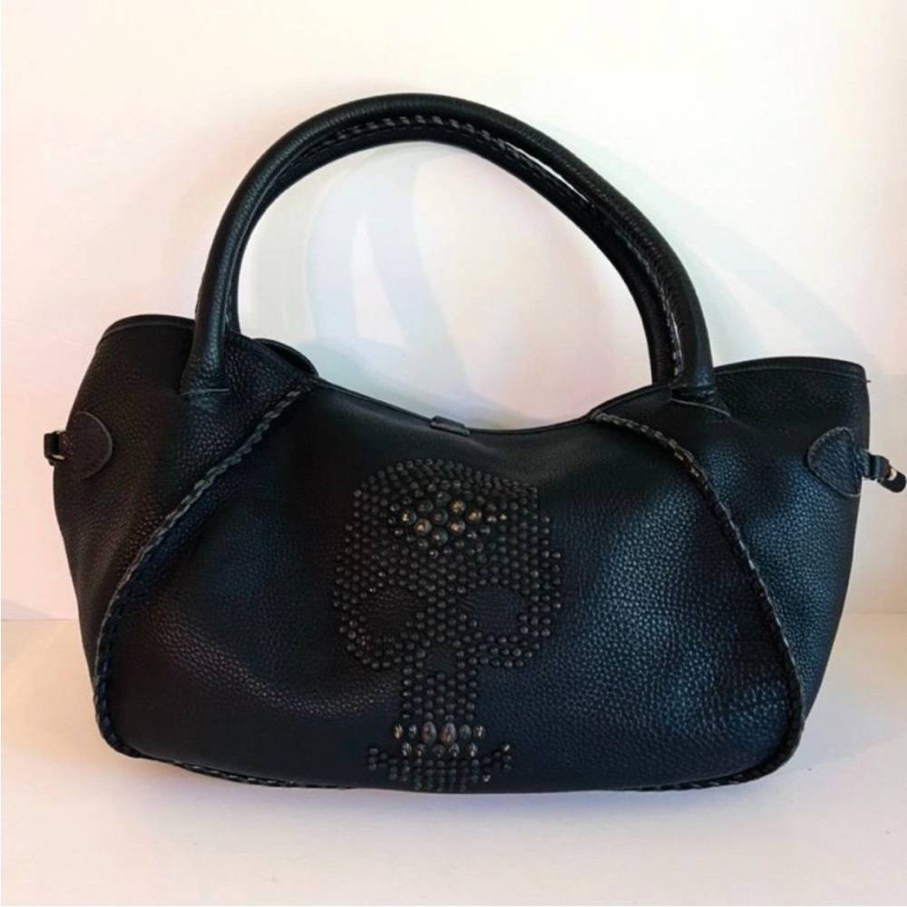 Tylie Malibu | Black Benetar Peddled Leather Studded Skull Large Tote
